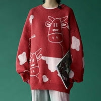 Ženski dugi rukav pleteni džemper pulover Jumper vrhovi krava uzorak dugih rukava s dugim rukavima crveni