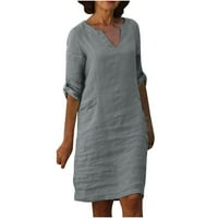 Haljine za žensko čišćenje Žene Ljeto Retro pune boje pamuk posteljina V-izrez Dugi rukavska haljina