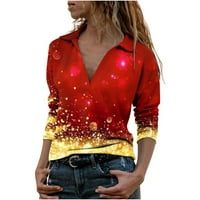 HFYIHGF ženska božićna majica casual dugih rukava Xmas grafički labav rever v bluza izreza Trendy Comfy Tunic tops žuti s