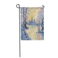 Prekrasna slikarsko jezero i drveće na hladnoj zimu Jutarnja okućnica zastava u dekorativnoj zastavi