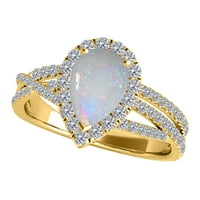 Aonejewelry 2. Karatni kruški oblik Opal i dijamantski dragulj prsten u 10K žutom čvrstom zlatu
