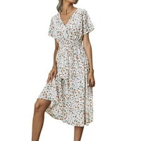 Haljina za žene Modni cvjetni print casual v-izrez kratki rukav A-linijski plaža dugačka haljina bijela_
