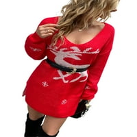 Ružna božićna džemper haljina za žene Grafički elk snježne pahulje Ispiši pletene labave fit midi haljina