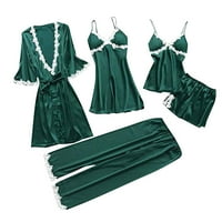 Miayilima Green XL pidžama za žene donje rublje haljine set čipkasti vrat dubok-V 5-komadni podvezica