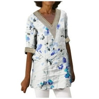 Act! Himiway Womens Ljetni vrhovi Ženska modna labava ležerna tiskana čipkasti patchwork V-izrez T-majica