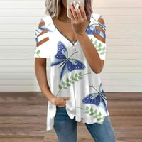 Vrhovi za žensku modnu casual sa patentnim zatvaračem s V-izrezom tiskani majica s kratkim rukavima