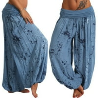 Yuehao Hlače za žene Ženske dame tiskane širine širine labave nogu ženske casual pantalone ženske casual pantalone plave boje
