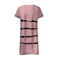 Sendresses za ženske prugaste duljine koljena A-line kratkih rukava za slobodno vrijeme V-izrez ružičasta L