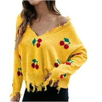 Ženske slatke Y2K zvezni džemperi srušeni V-izrez Labavi ispis pleteni pulover Jumper Crop Top Fall