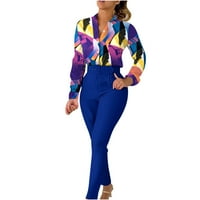 WAVSUF Womens setovi odjeće Lounge Pulover dugih rukava od ispisa s džepovima tipki i hlače plave pantalone
