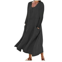 Bazyrey Women Crew Crt dugih rukava Maxi haljina ženska modna džepa duga pamučna posteljina labave haljine L
