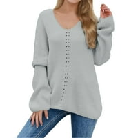 Entyinea Ženski pleteni džemper vrhovi o o-vrat rukava u obliku lampa pletena džemper casual čvrste