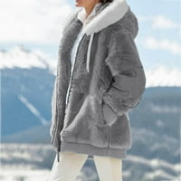 Ženski džepni špet sa kapuljačom s kapuljačom, tople umjetne vune džepove kaputi kaputi za žene sive