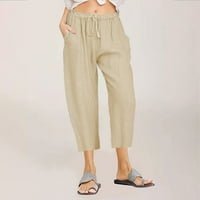 Borniu Capris za žene, ležerne čvrste pamučne posteljine navodnice elastične struke Široke noge hlače obrezane pantalone, obrezive hlače