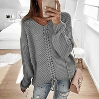 Ženske modne džempere za žene plus veličine casual dugi rukav V izrez Čvrsta labava Chunky pleteni pulover