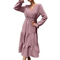 Miayilima Midi haljine za žene Dame Elegantne casual Solid Boja Slim Fit Slim V-izrez Dugi rukav Srednja