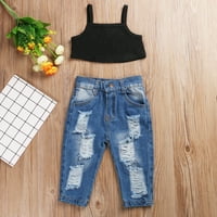Sutnice Toddler Djevojka Outfits Baby Jeans Hlače Postavite kratki rukav sa ramenim čipkom Cisterne vrhunske ljetne odjeće duge traperice