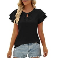 Ljetni vrhovi za žene Trendy ruffle majica V-izrez kratki rukav čvrsta boja crna xl