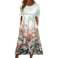 Ženska dužina gležnja A-line kratki rukav modni okrugli dekolte Ljeto tiskovina haljina svijetloplava m