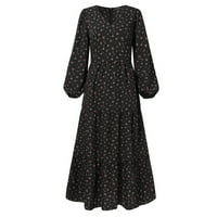 Vivianyo HD haljine za žene dugih rukava ženska modna casual šifon zaštita V-izrez veliki privjesak s dugim rukavima cvjetna haljina bljeskalica crne boje