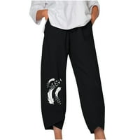 Ljetne kaprione hlače za ženske ležerne pamučne posteljine elastični džepovi visokog struka širokih