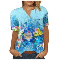 Bluze za žene odgovaraju ženskom modnom otisnutom uzoru na dugme za prsa u džepu kratkih rukava majica dame top plava 4xl