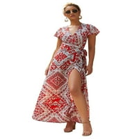 Plaža Boho Floral Polka Dot Print Maxi haljina za žene Ležerne dame omotaju ljeto paisley ruffledle
