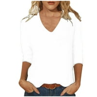 Štednja Ženska majica s dugim rukavima V-izrez Slobodno vrijeme Solid Colore Labavi majica Rukav bluza V-izrez, bijela