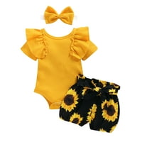 Baby Girl Summer Set odjeće, pamuk kratkih rukava s kratkim rukavima, kratke hlače za suncokret + kanka za glavu, 0-2Y