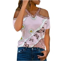 Žene ljetne vrhove prevelike majice Leptir print v vrat Halter Off ramena Kratki rukav Ležerne prilike