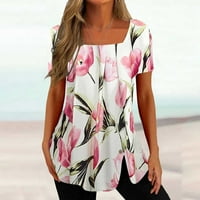 Ženski trendovski vrhovi Tunički čišćenje odjeće Square vrat pulover na prodaju cvjetni tiskovski tees modni ljetni casual comfy gumb zarezanje ružičastih rukava s kratkim rukavima ružičasta xxxl