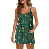 Ženska ljetna mini haljina Besplatno ugrađene kratke hlače Ležerne prilike cvjetne printom bez rukava bez rukava Atletski kratki tenis vježbanje sa džepovima Green S