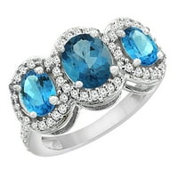 14k bijeli zlatni prirodni London Blue Topaz & Swiss Blue Topaz 3-kameni prsten ovalni dijamant naglasak,