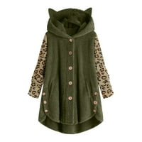 Pntutb kaputi za žene, žensko dugme plišane vrhove kapuljač kapuljača Leopard patchwork kaput jakna