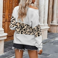 Ženski slatki elegantan mekani kabeli pleteni pulover Dukseri V-izrez dugih rukava labav leopard tisak vrhova pletena džemper bijeli m