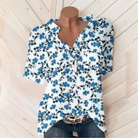 Ljetna majica kratkih rukava za žensku casual gumb V izrez labav fit vrhovi Confy pamučne posteljine cvjetne ispis bluze plave boje