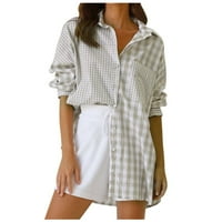 Ležerne majice za žensko-plaid gumb-down dugih rukava Ogrlica modna elegantna majica bluza vrhovi bež