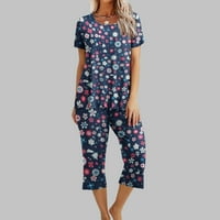 HOKSML odijelo za odmor, ženski ispis okruglih vrata s kratkim rukavima i hlače za spavanje i hlače postavljaju loungewear pidžame sa džepovima