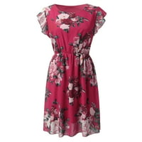 Mini haljine za žene kratki rukav O-izrez ljetni boho elastični struk linijski cvjetni ispis mini haljina