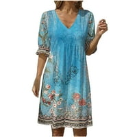 Haljine za žene, ženski ljetni omot V ret boem cvjetni ispis rufflewwh a line plaža mini haljina plava