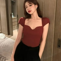 The Acceptit ženska modna četvrtasta majica s kratkim bojama Slim pletena kratki rukav vino kratkih rukava crvena