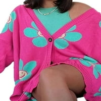 Lisenrain Ženska dugačka džemper Losoiti otvoreni prednji srčani cvjetni print Chunky Knit Cardigan