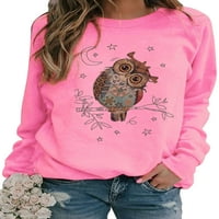 Rejlun dame majica Owl Print T-Majica Crew Crt TEE labav pulover Comfy Holiday Tunic Bluuse Pink 3xl