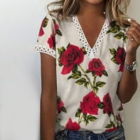 Odeerbi ljetne čipke za žene modne tipice casual v-izrez majica s kratkim rukavima labava bluza crvena