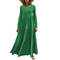 EFSTEB haljine za žene modni čvrsti boja labavi jeseni haljina casual dugih rukava Crewneck Ruched Beach duge haljine zelena l