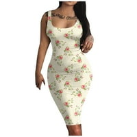 Ljetne haljine za žene cvjetni okrugli dekolte na platnu dužinu koljena boemska haljina bez rukava Bež s