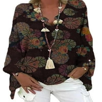 Grianlook Žene Pulover V izrez Tunika Bluza Dugih rukava Majica Dame Ležerne prilike Retro cvjetne majice Brown S