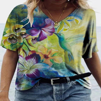 Majice za žene Casual V izrez Cvijet Print Kratki rukav Želje