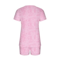 TKLpehg Dvije odjeće za žene Ljeto zazor trendy Lounge hlače pantalone sa džepom casual cvjetne tiske V-izrez kratkih rukava s kratkim rukavima Podešavanje podudaranja odjeće ružičasta m