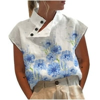 Ženska trendi pamučna posteljina labava vrhovi kratkih rukava majica casual comfy dugme odjeću Ljeto